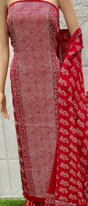 Pleasant Red Original Natural Ajrakh Print 3 pc Pure Modal Silk Unstitched Suit Set