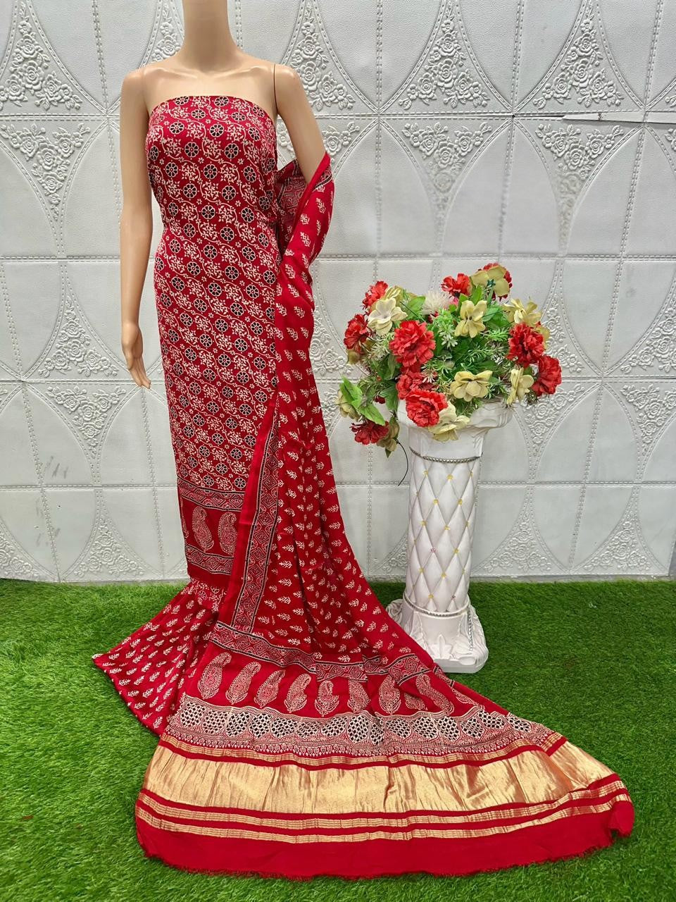 Red Original Natural Ajrakh Print 3 pc Pure Modal Silk Unstitched Suit Set