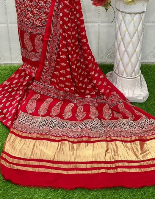 Red Original Natural Ajrakh Print 3 pc Pure Modal Silk Unstitched Suit Set