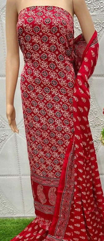 Red Original Natural Ajrakh Print 3 pc Pure Modal Silk Unstitched Suit Set