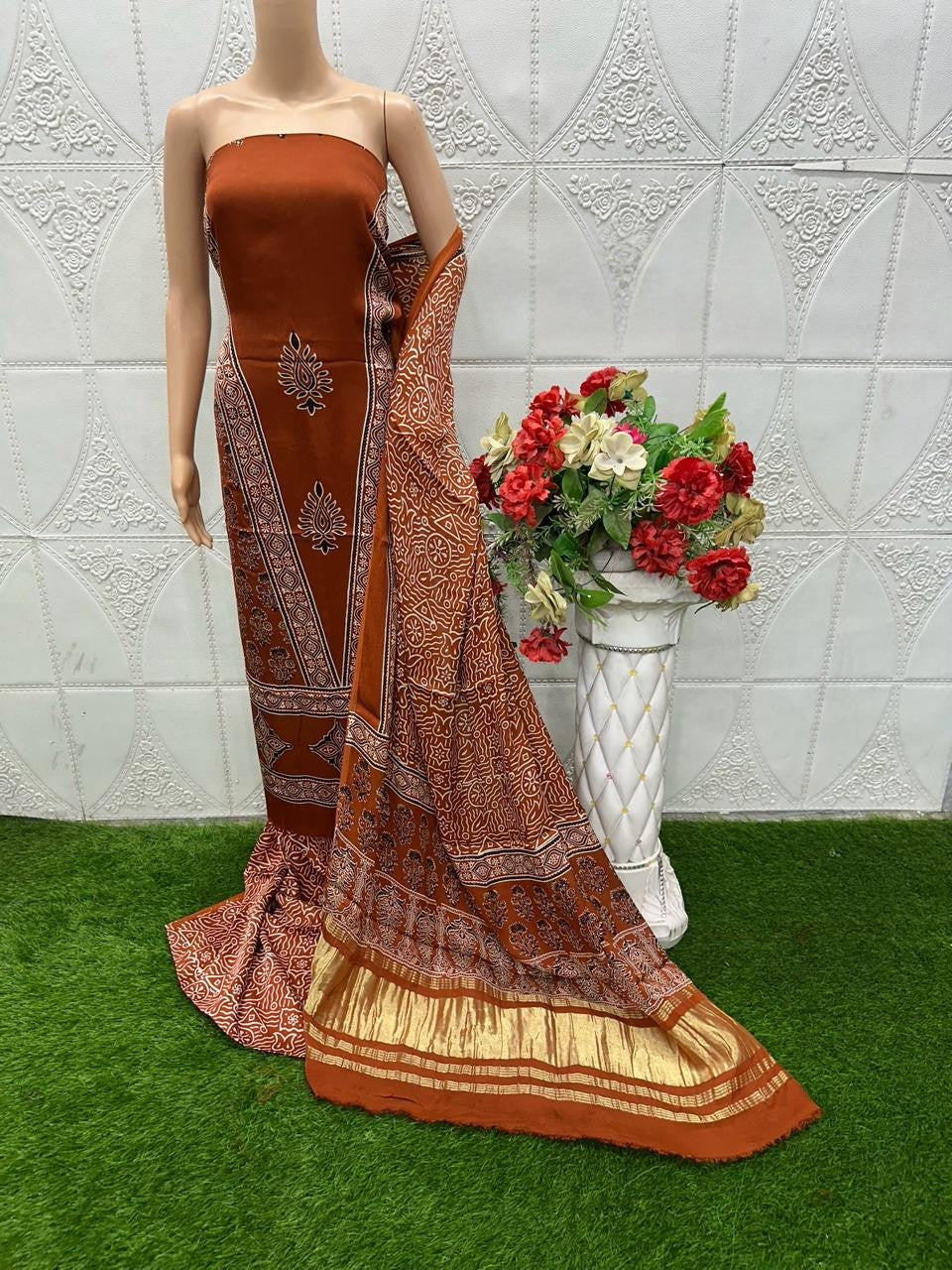 RedWood Original Natural Ajrakh Print 3 pc Pure Modal Silk Unstitched Suit Set
