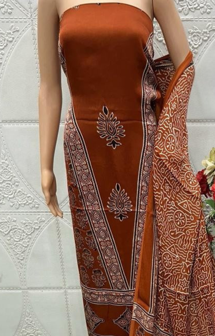 RedWood Original Natural Ajrakh Print 3 pc Pure Modal Silk Unstitched Suit Set