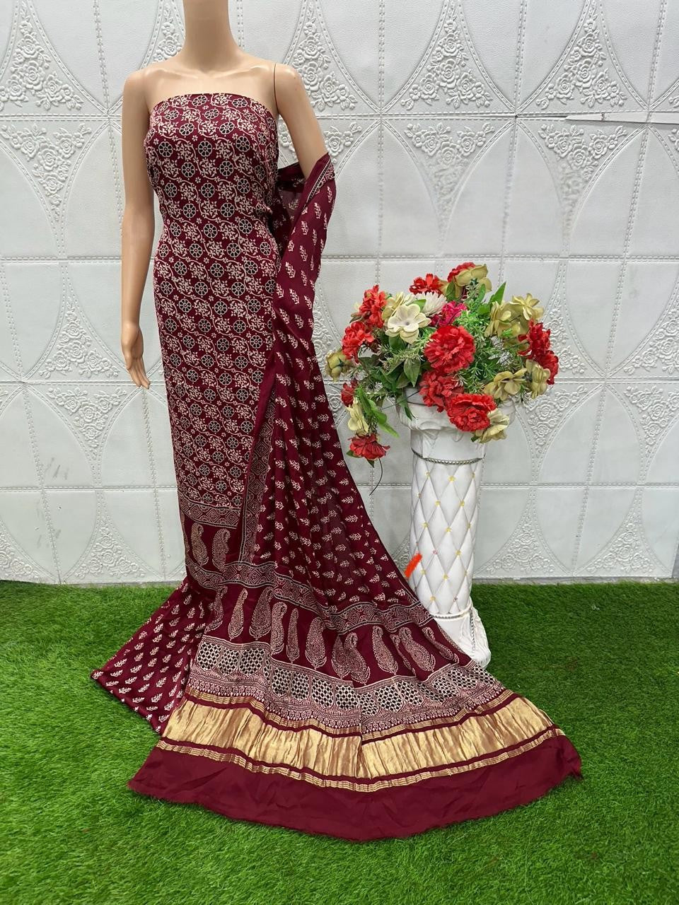 Maroon Original Natural Ajrakh Print 3 pc Pure Modal Silk Unstitched Suit Set