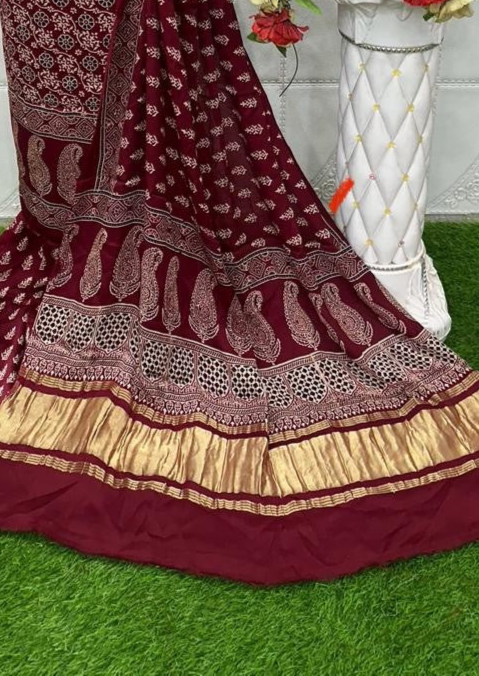 Maroon Original Natural Ajrakh Print 3 pc Pure Modal Silk Unstitched Suit Set