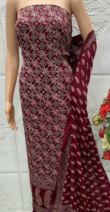 Maroon Original Natural Ajrakh Print 3 pc Pure Modal Silk Unstitched Suit Set