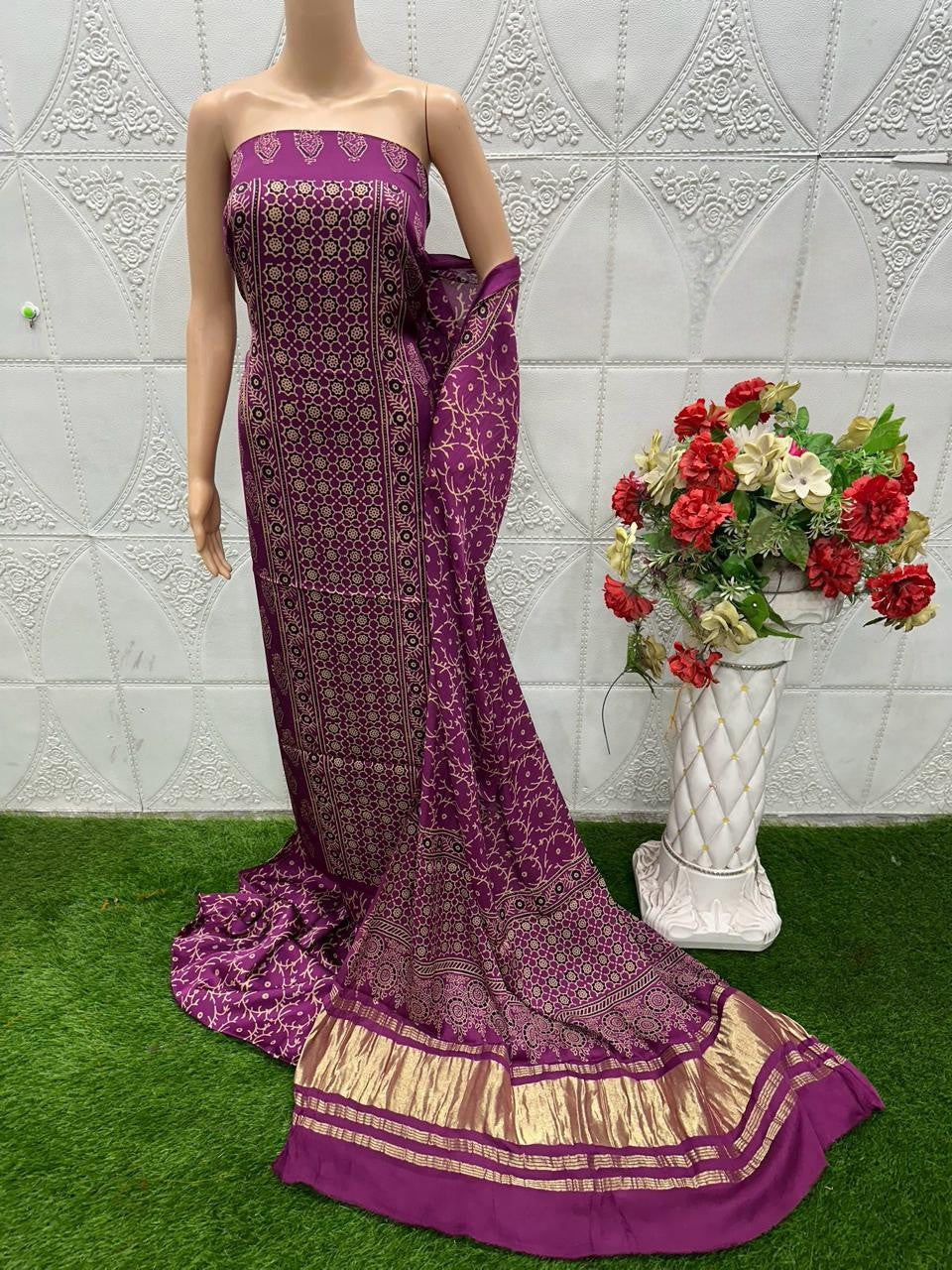 Wine Original Natural Ajrakh Print 3 pc Pure Modal Silk Unstitched Suit Set