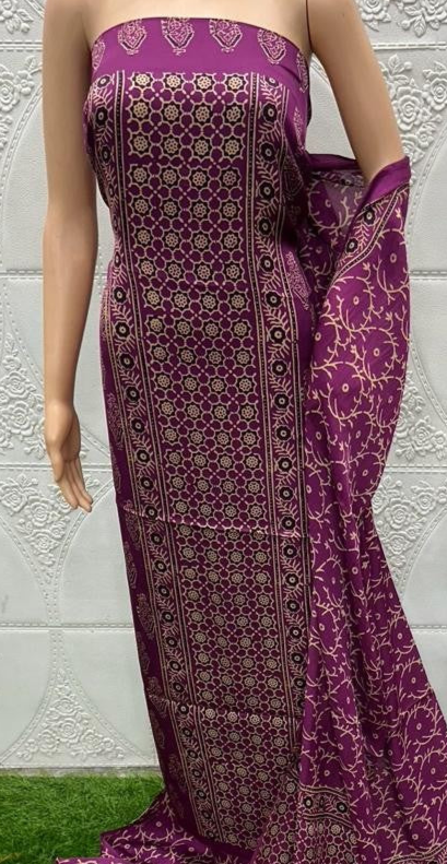 Wine Original Natural Ajrakh Print 3 pc Pure Modal Silk Unstitched Suit Set