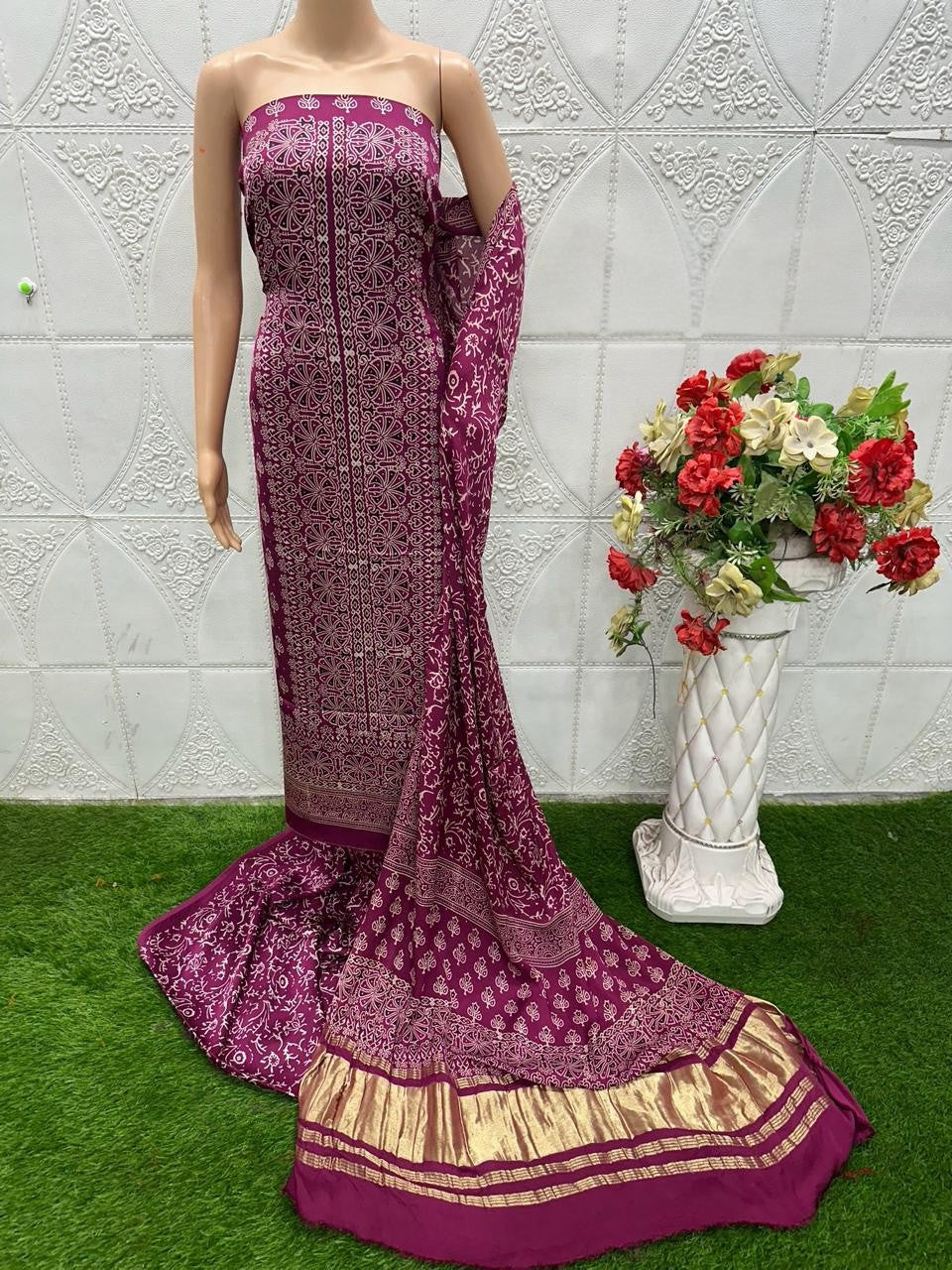 Wine Original Natural Ajrakh Print 3 pc Pure Modal Silk Unstitched Suit Set