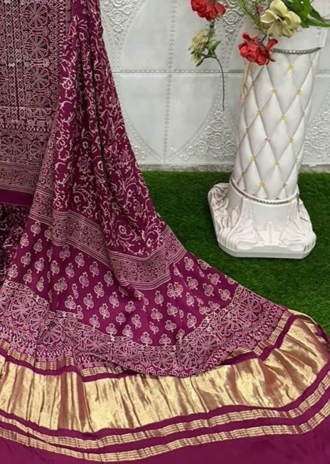 Wine Original Natural Ajrakh Print 3 pc Pure Modal Silk Unstitched Suit Set