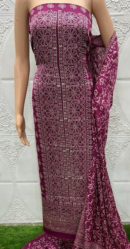 Wine Original Natural Ajrakh Print 3 pc Pure Modal Silk Unstitched Suit Set