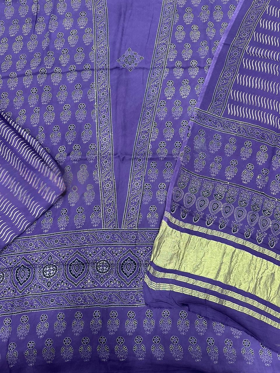 Purple Original Natural Ajrakh Print 3 pc Pure Modal Silk Unstitched Suit Set