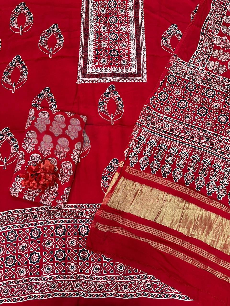 Glorious Red Original Natural Ajrakh Print 3 pc Pure Modal Silk Unstitched Suit Set