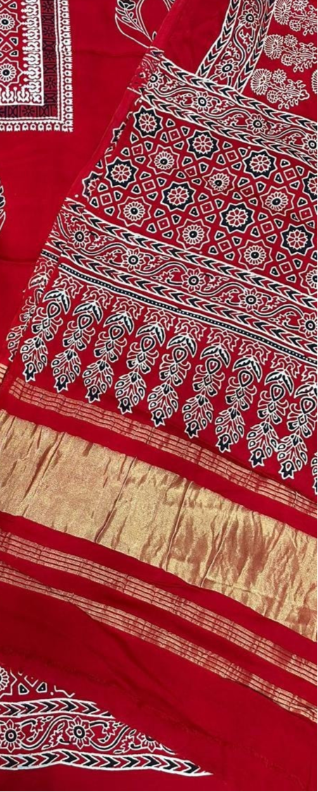 Glorious Red Original Natural Ajrakh Print 3 pc Pure Modal Silk Unstitched Suit Set