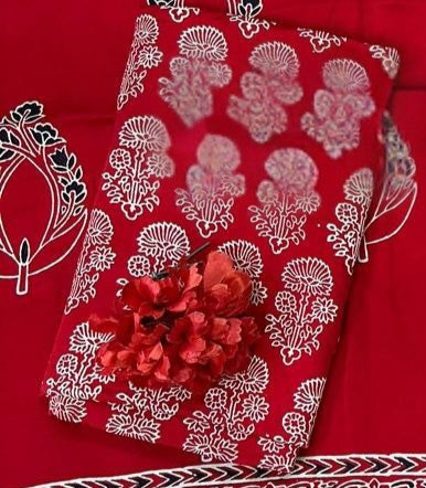 Glorious Red Original Natural Ajrakh Print 3 pc Pure Modal Silk Unstitched Suit Set
