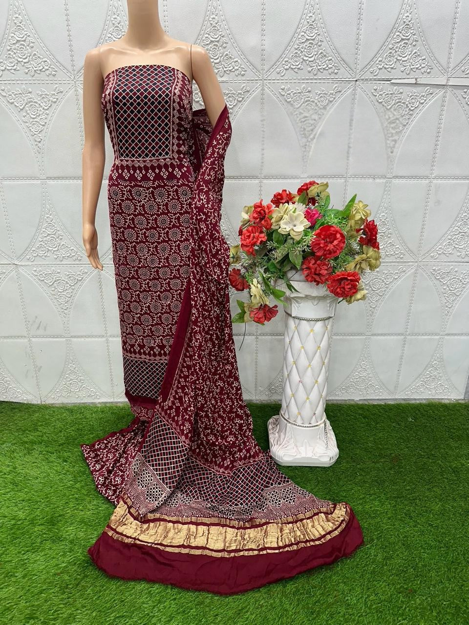 Maroon Original Natural Ajrakh Print 3 pc Pure Modal Silk Unstitched Suit Set