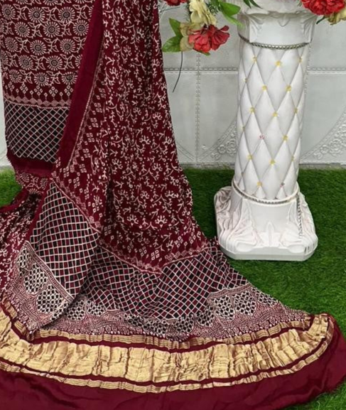 Maroon Original Natural Ajrakh Print 3 pc Pure Modal Silk Unstitched Suit Set