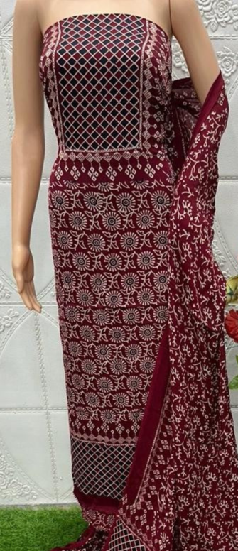 Maroon Original Natural Ajrakh Print 3 pc Pure Modal Silk Unstitched Suit Set