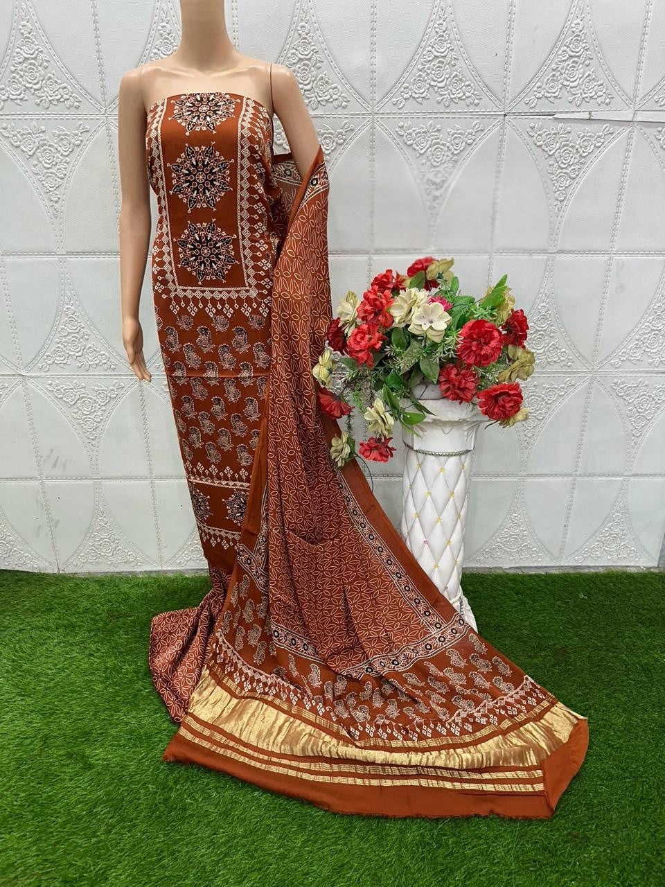 RedWood Original Natural Ajrakh Print 3 pc Pure Modal Silk Unstitched Suit Set