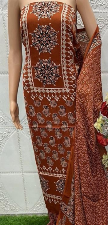 RedWood Original Natural Ajrakh Print 3 pc Pure Modal Silk Unstitched Suit Set