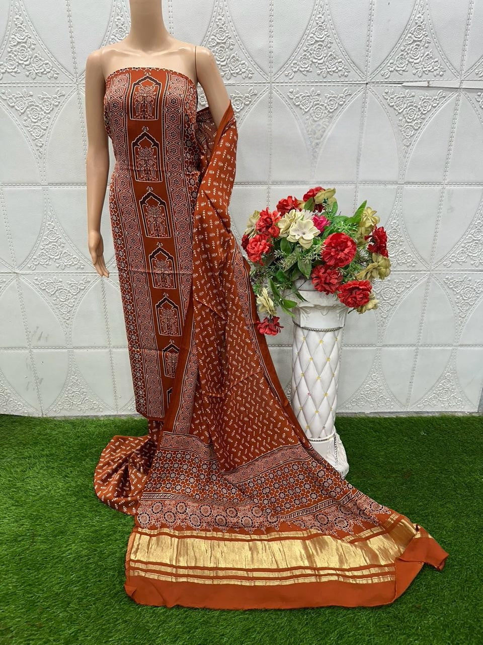 Redwood Original Natural Ajrakh Print 3 pc Pure Modal Silk Unstitched Suit Set
