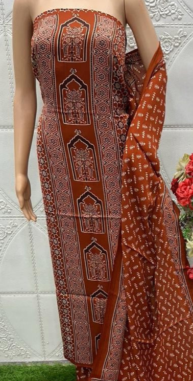 Redwood Original Natural Ajrakh Print 3 pc Pure Modal Silk Unstitched Suit Set