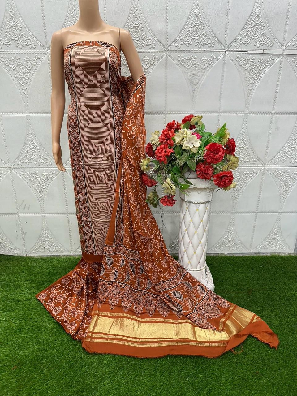 RedWood Original Natural Ajrakh Print 3 pc Pure Modal Silk Unstitched Suit Set