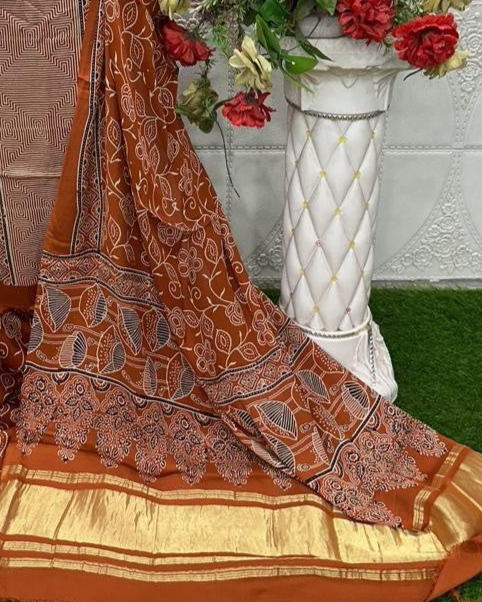 RedWood Original Natural Ajrakh Print 3 pc Pure Modal Silk Unstitched Suit Set
