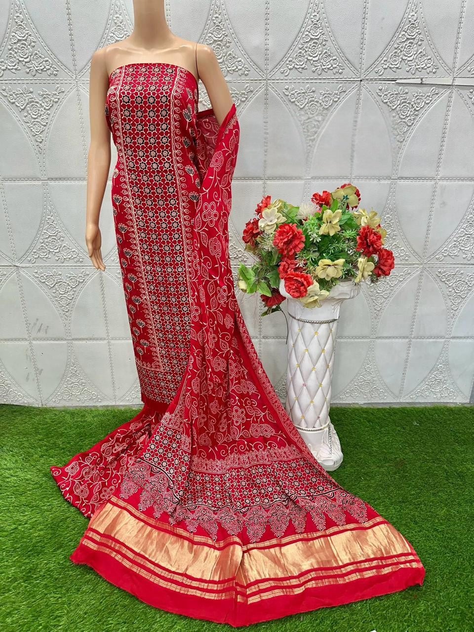 Blissful Red Original Natural Ajrakh Print 3 pc Pure Modal Silk Unstitched Suit Set