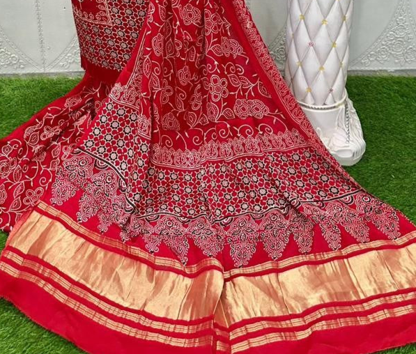 Blissful Red Original Natural Ajrakh Print 3 pc Pure Modal Silk Unstitched Suit Set