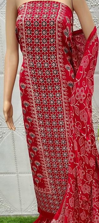 Blissful Red Original Natural Ajrakh Print 3 pc Pure Modal Silk Unstitched Suit Set