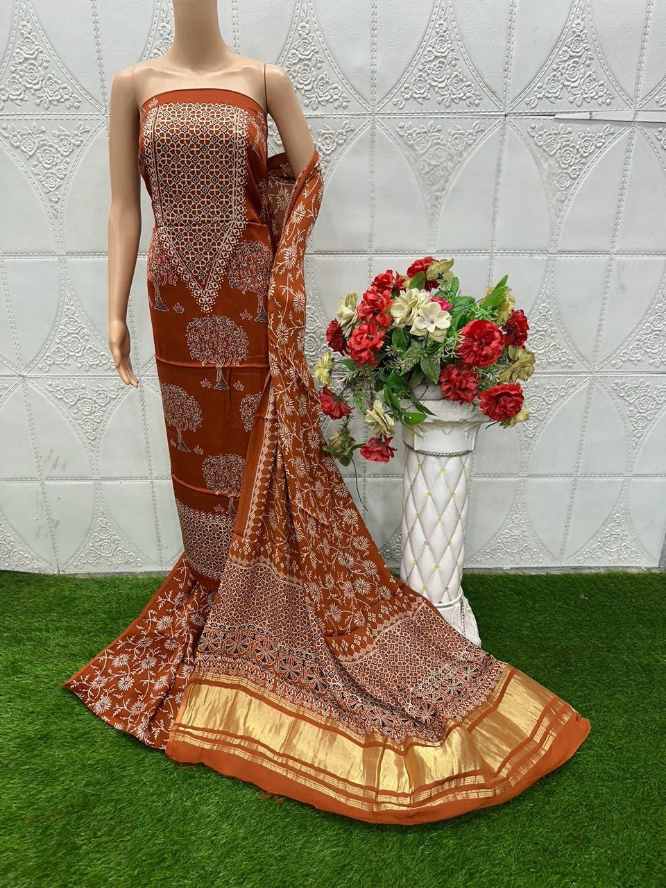 RedWood Original Natural Ajrakh Print 3 pc Pure Modal Silk Unstitched Suit Set
