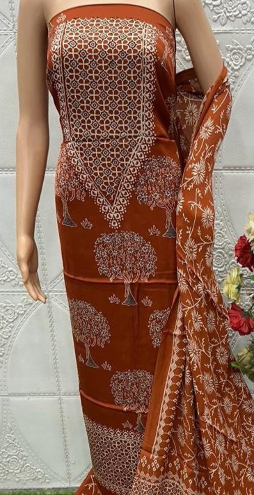 RedWood Original Natural Ajrakh Print 3 pc Pure Modal Silk Unstitched Suit Set