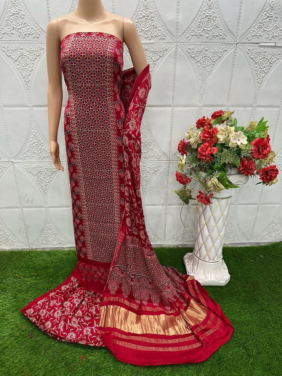 Red Original Natural Ajrakh Print 3 pc Pure Modal Silk Unstitched Suit Set