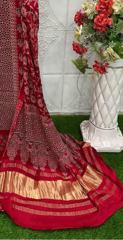 Red Original Natural Ajrakh Print 3 pc Pure Modal Silk Unstitched Suit Set