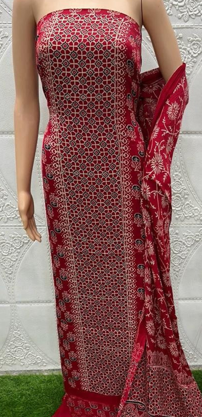 Red Original Natural Ajrakh Print 3 pc Pure Modal Silk Unstitched Suit Set