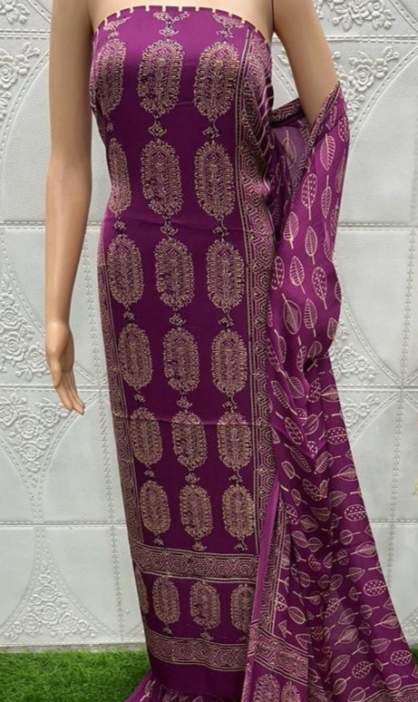 Wine Original Natural Ajrakh Print 3 pc Pure Modal Silk Unstitched Suit Set