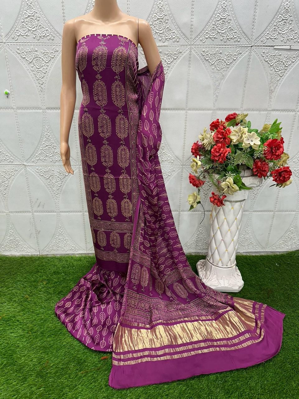 Wine Original Natural Ajrakh Print 3 pc Pure Modal Silk Unstitched Suit Set