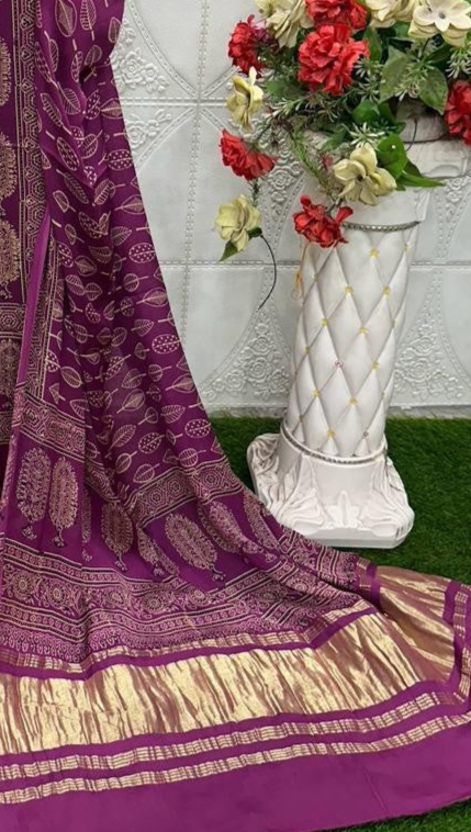 Wine Original Natural Ajrakh Print 3 pc Pure Modal Silk Unstitched Suit Set