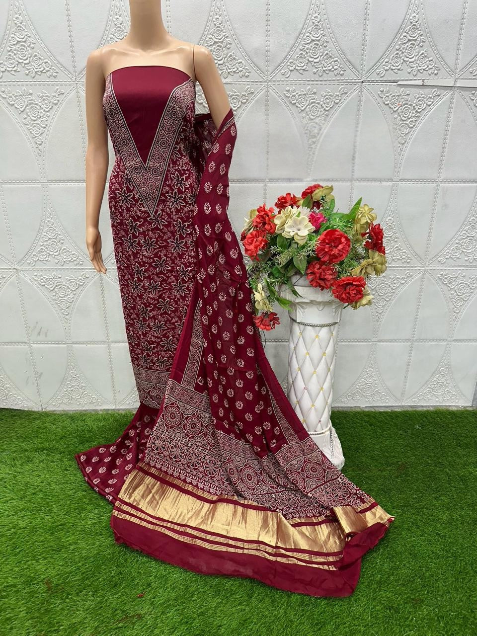 Maroon Original Natural Ajrakh Print 3 pc Pure Modal Silk Unstitched Suit Set