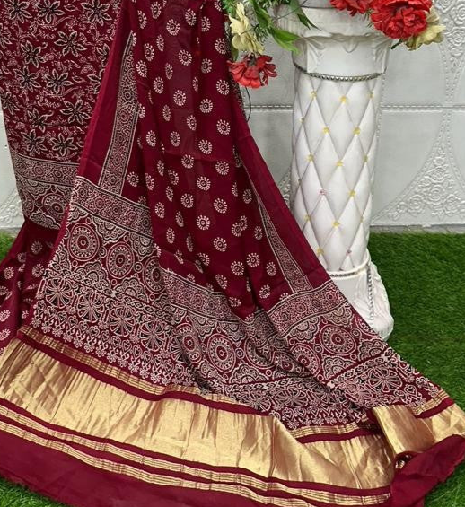 Maroon Original Natural Ajrakh Print 3 pc Pure Modal Silk Unstitched Suit Set