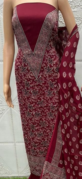 Maroon Original Natural Ajrakh Print 3 pc Pure Modal Silk Unstitched Suit Set