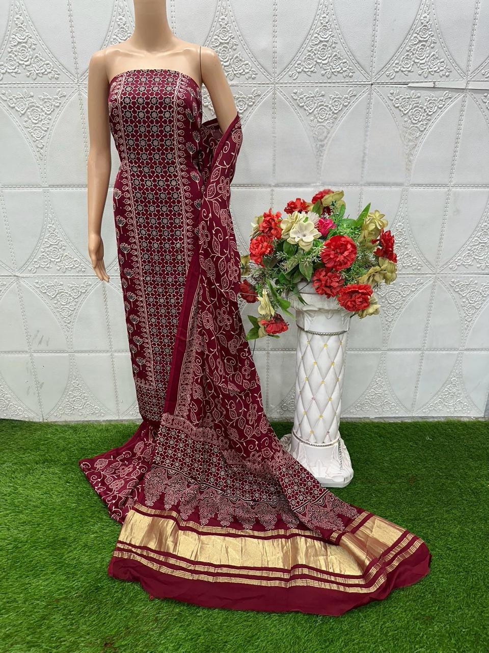 Maroon Original Natural Ajrakh Print 3 pc Pure Modal Silk Unstitched Suit Set