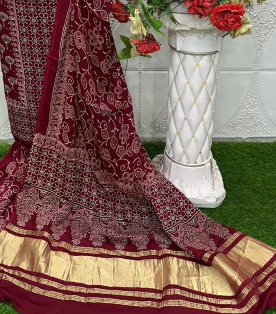 Maroon Original Natural Ajrakh Print 3 pc Pure Modal Silk Unstitched Suit Set