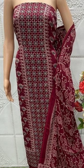 Maroon Original Natural Ajrakh Print 3 pc Pure Modal Silk Unstitched Suit Set