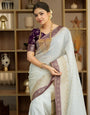 Light Grey Jacquard Weaving Soft Lichi Silk Saree