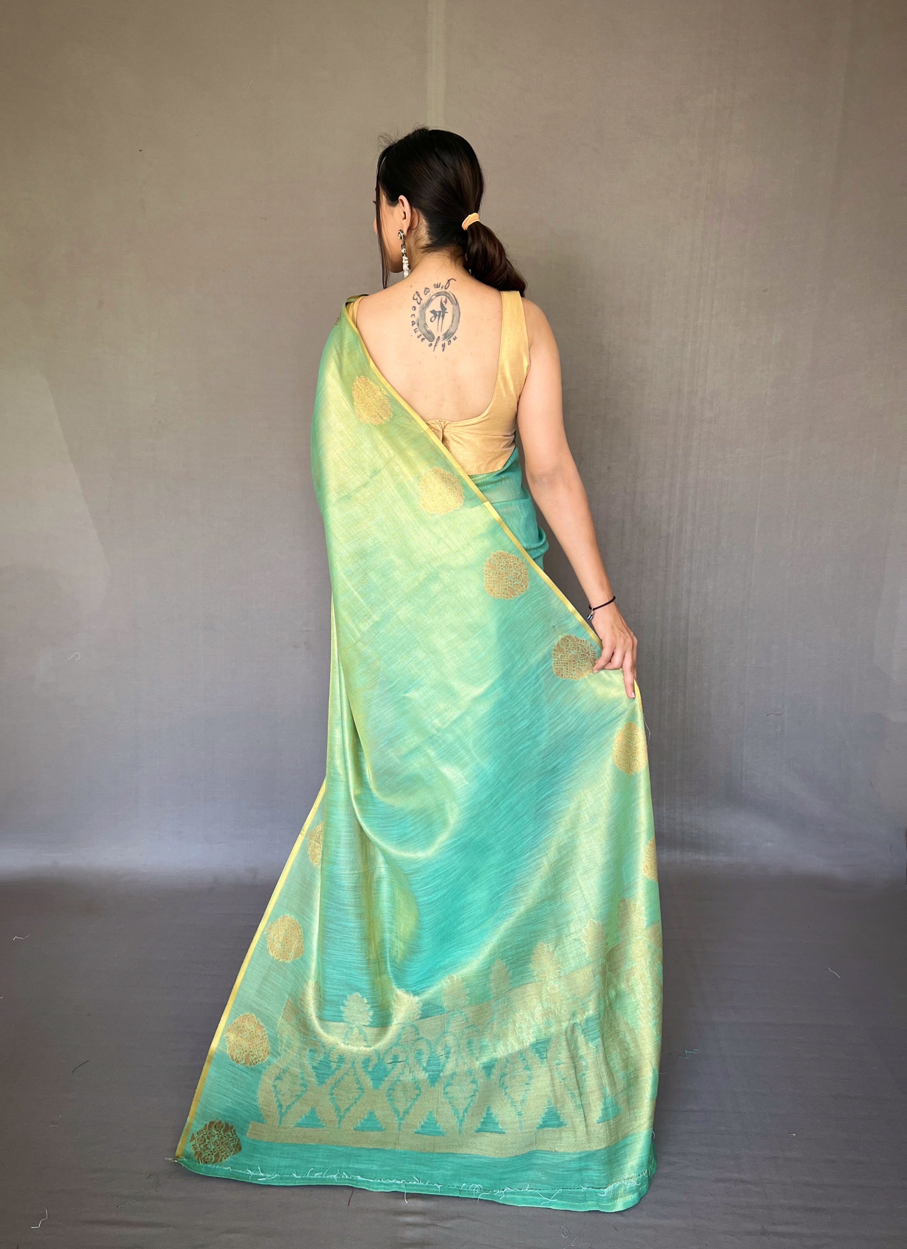 Sky Blue Zari Threaded Tissue Silk Saree
