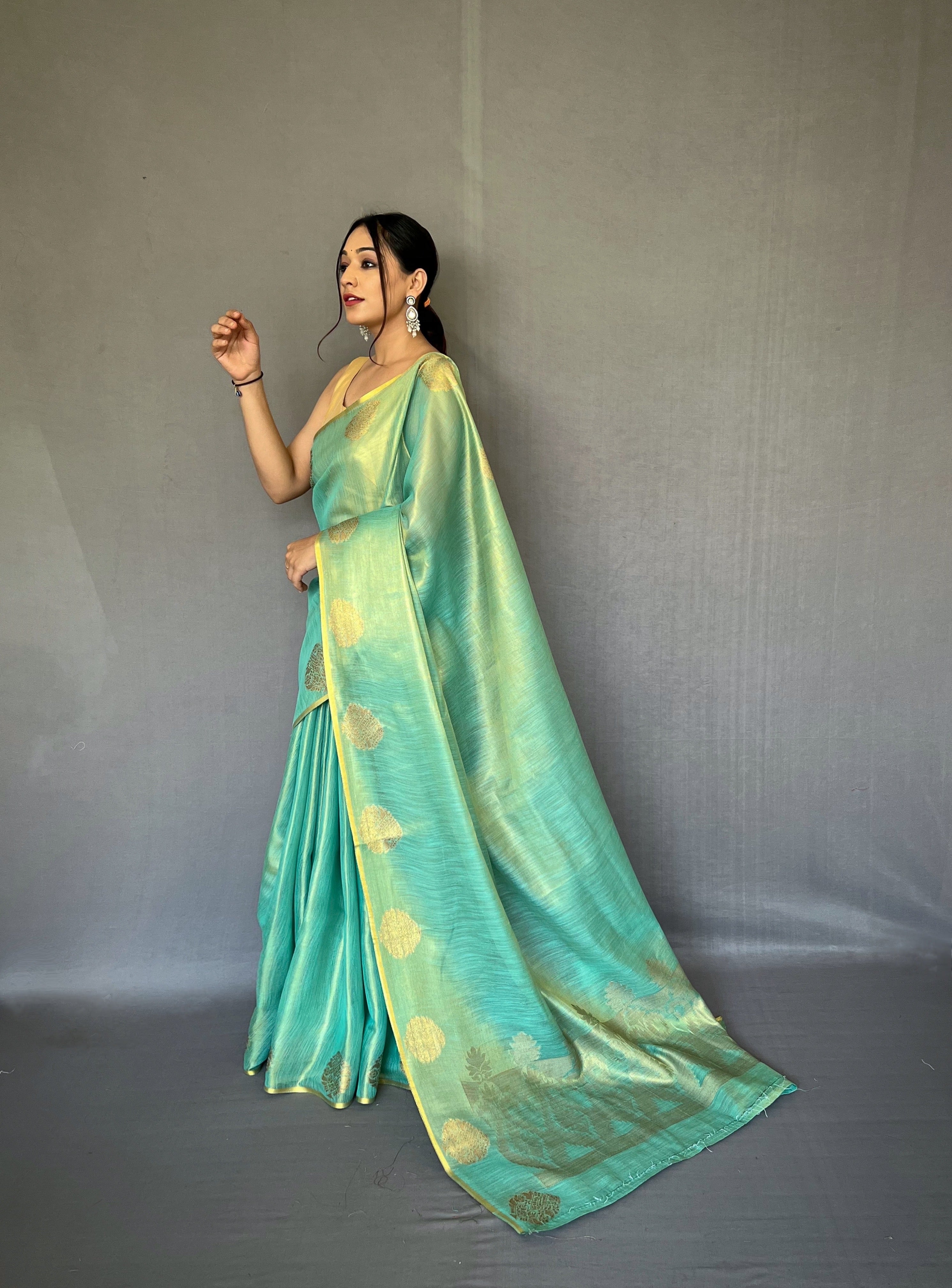 Sky Blue Zari Threaded Tissue Silk Saree