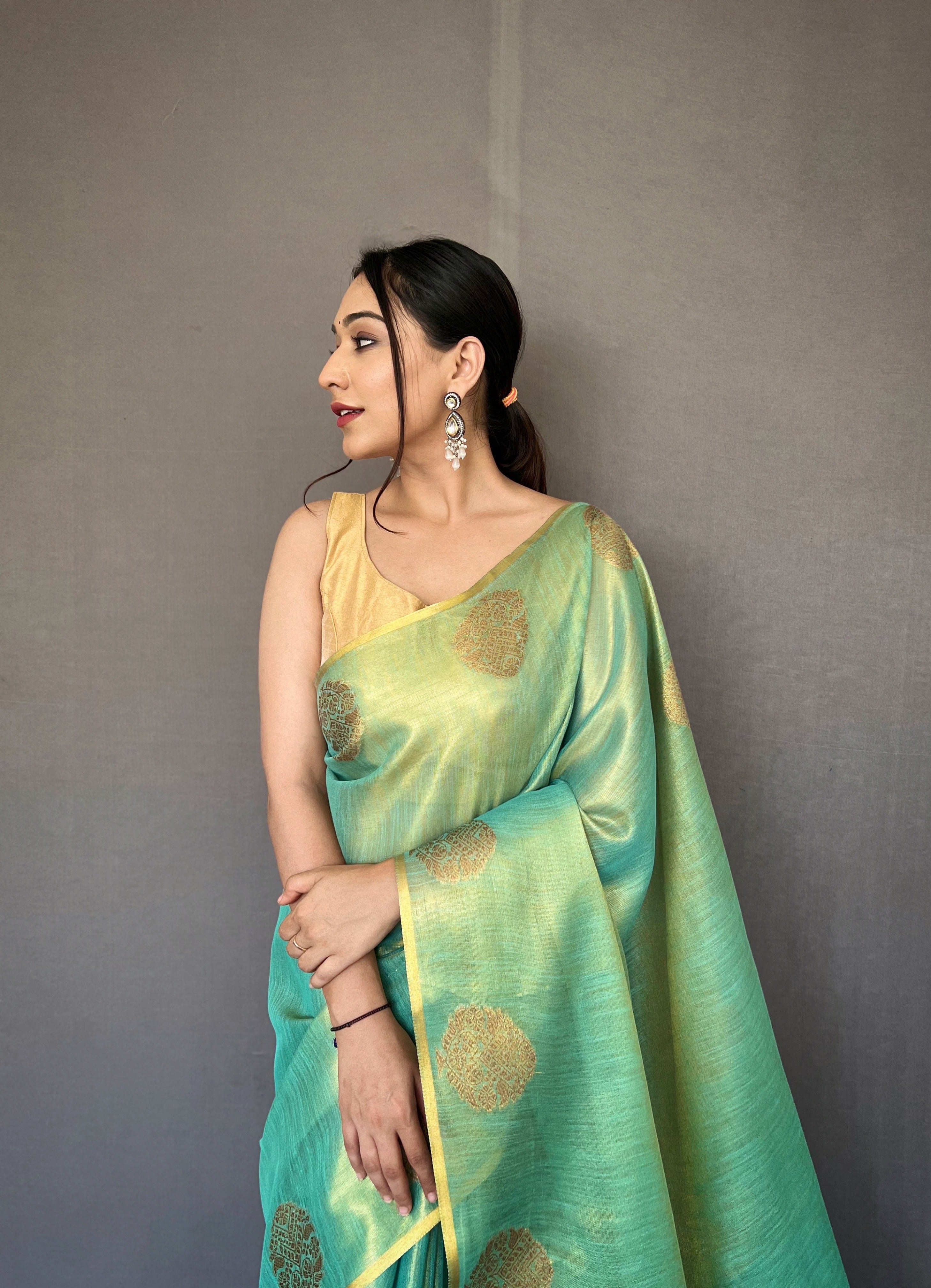 Sky Blue Zari Threaded Tissue Silk Saree