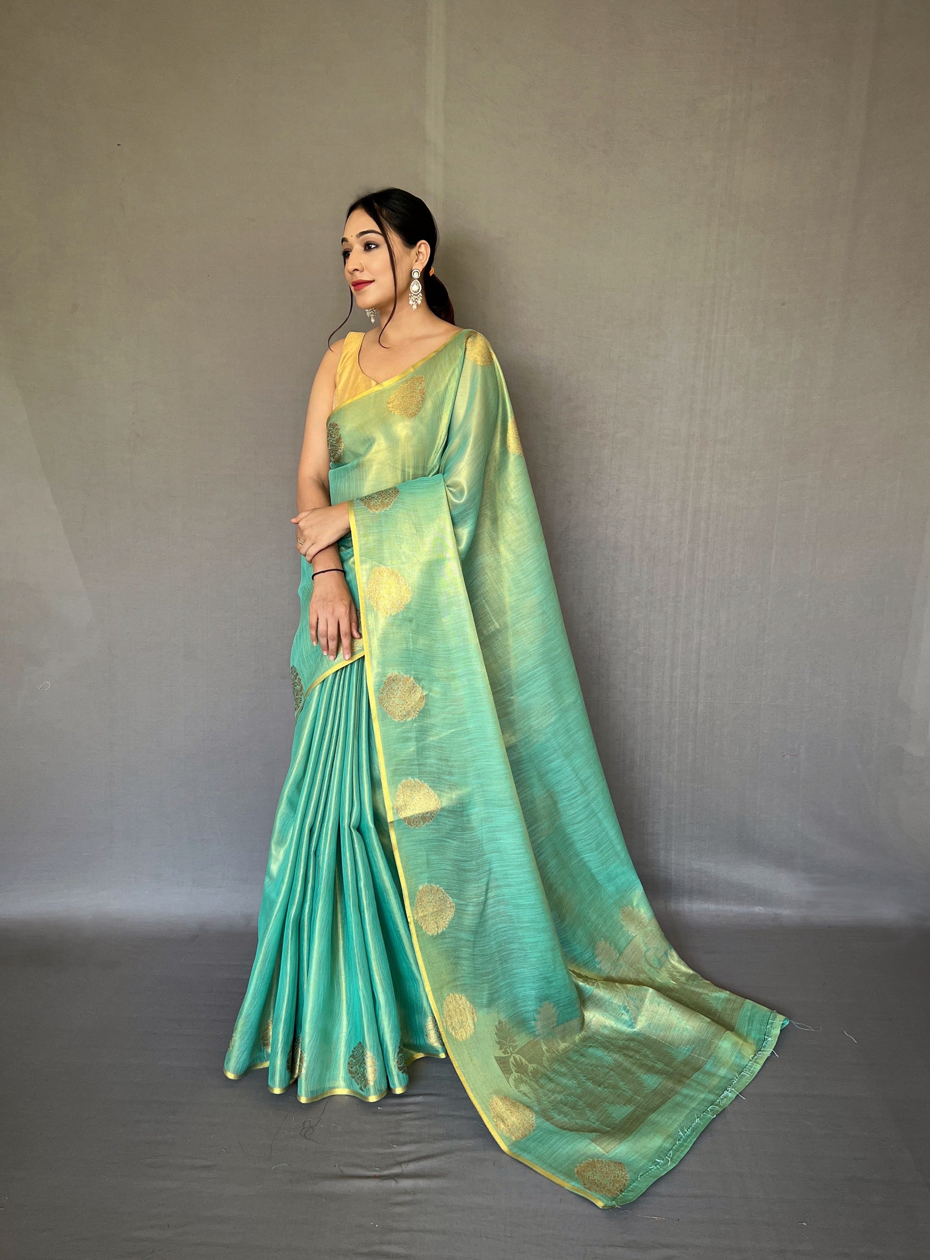 Sky Blue Zari Threaded Tissue Silk Saree