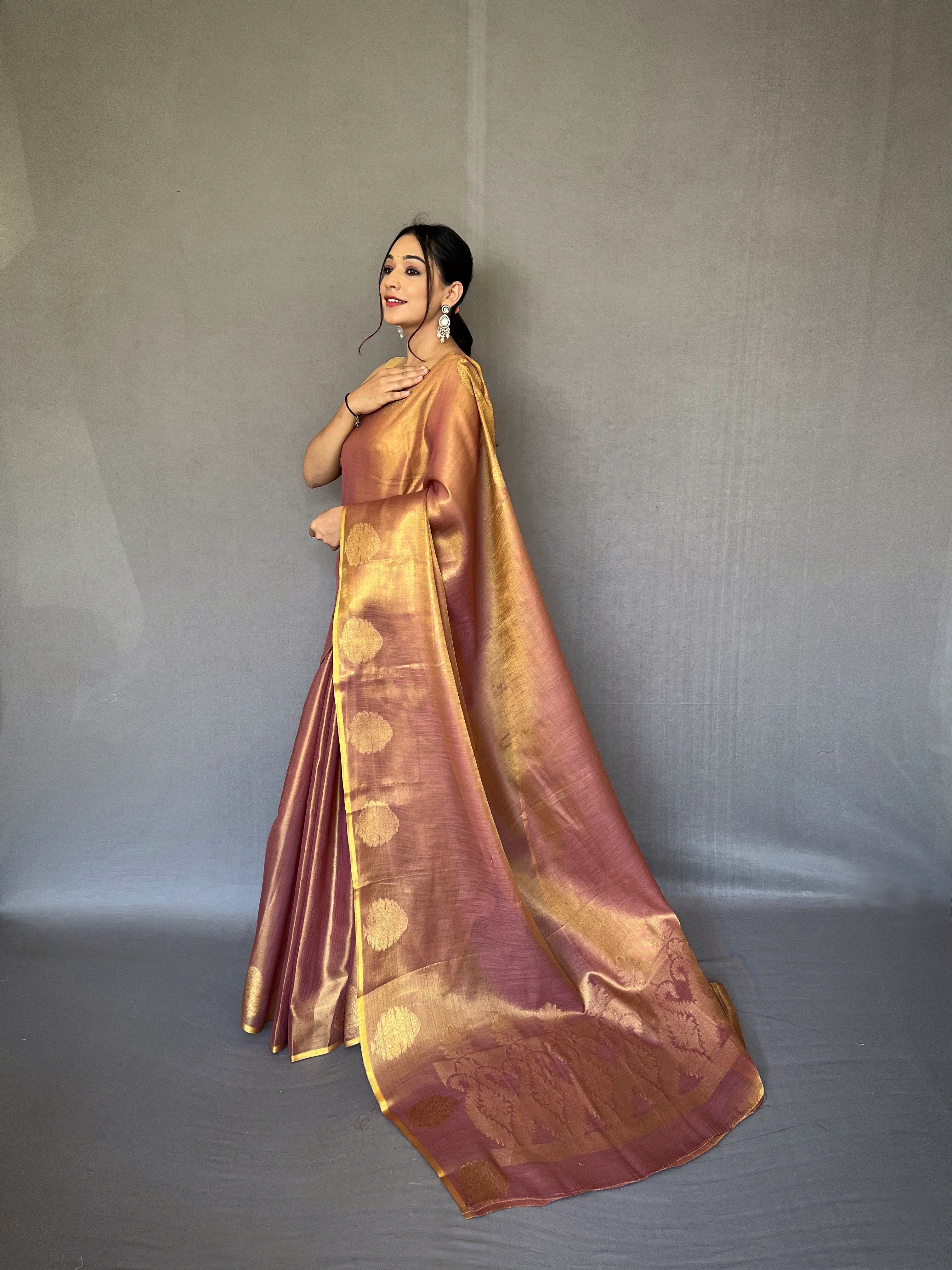 Rosewood Zari Threaded Tissue Silk Saree